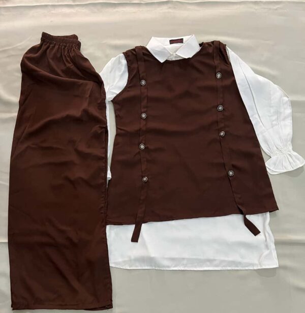 Women’s 3 Piece Modest Wear – White Shirt with Dark Brown Skirt & Buttoned Long Vest