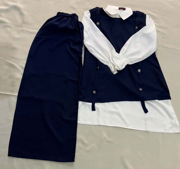 Women’s 3 Piece Modest Wear – White Shirt with Navy Blue Skirt & Buttoned Long Vest