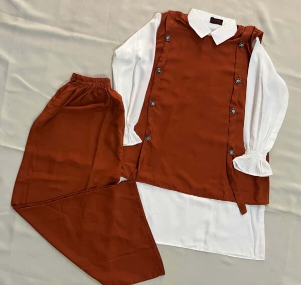 Women’s 3 Piece Modest Wear – White Shirt with Navy Blue Skirt & Buttoned Long Vest