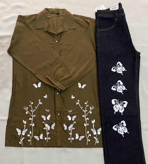 Women’s Stylish Cotton Embroidered Shirt with Black Denim Pant – 2 Piece Casual Wear