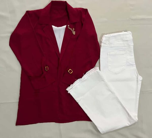 Maroon Western top with white denim jeans